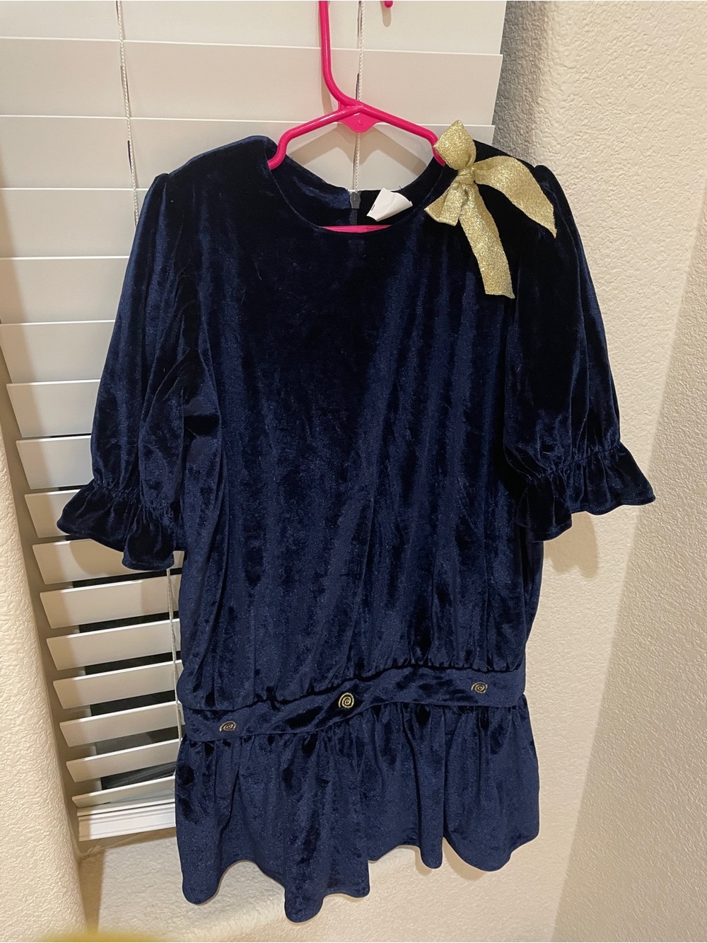 Navy Velvet Dress with Gold Bow Accent